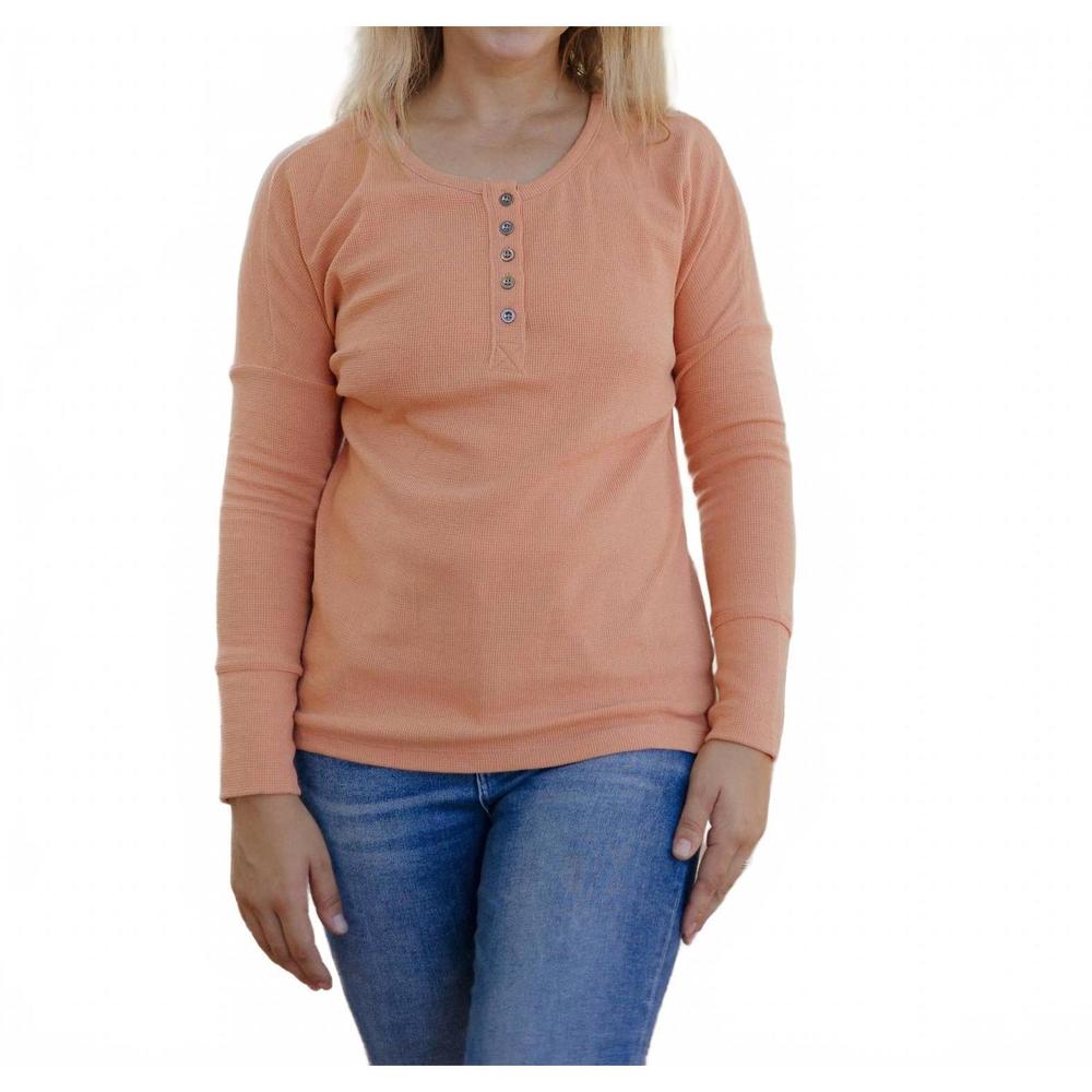NEW THREADED PEAR camila long sleeve henley top in salmon